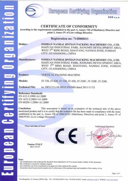 Powder Packing Machine - - 5 JINTIAN PACK Packaging Machine Certificates & Qualifications